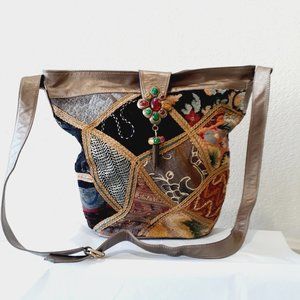 Vintage I.Magnin   Leather and Tapestry  Large Purse